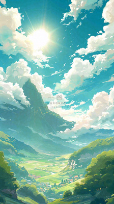 阳光春天细长流水山脉村庄小屋草坪，春分，旅行露营