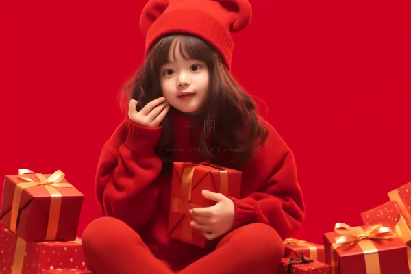 新年新春女孩拆礼物红色礼盒背景摄影图