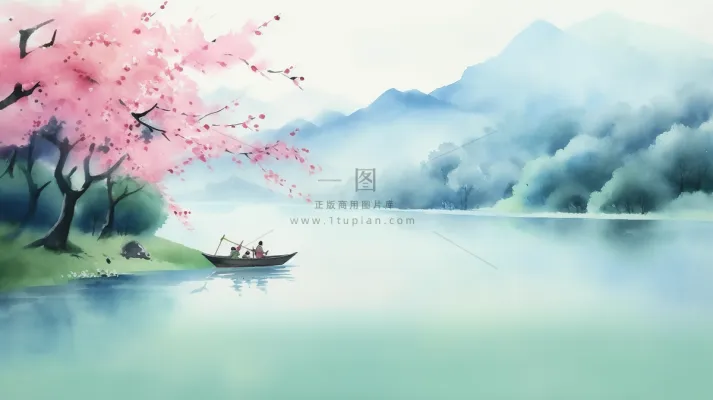 春天山水画水墨画湖边桃花树盛开江南古风插画背景