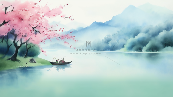 春天山水画水墨画湖边桃花树盛开江南古风插画背景 春天山水画水墨画湖边桃花树盛开江南古风插画背景