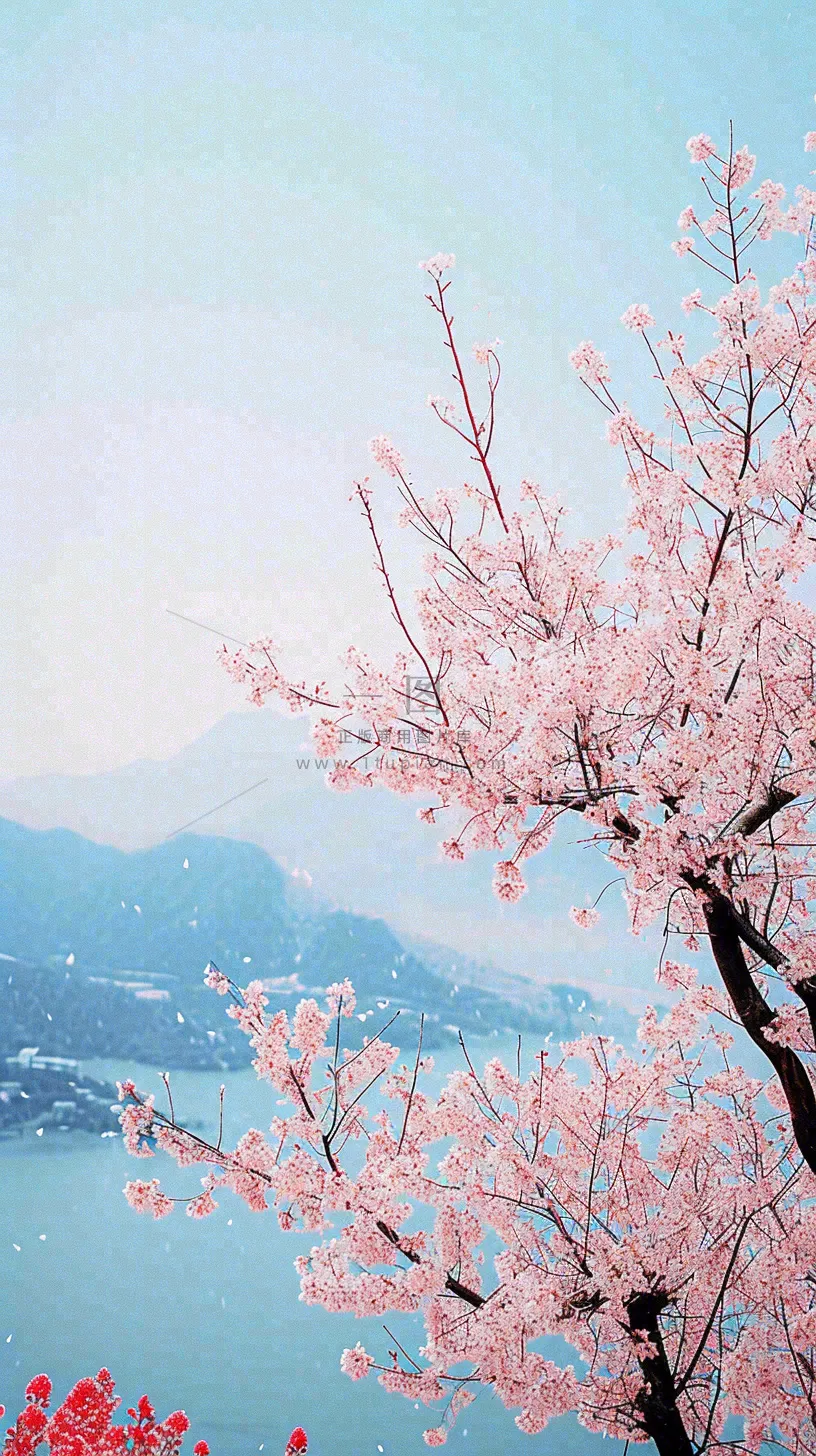 春天山河边蓝天粉色樱花花朵,惊蛰立春