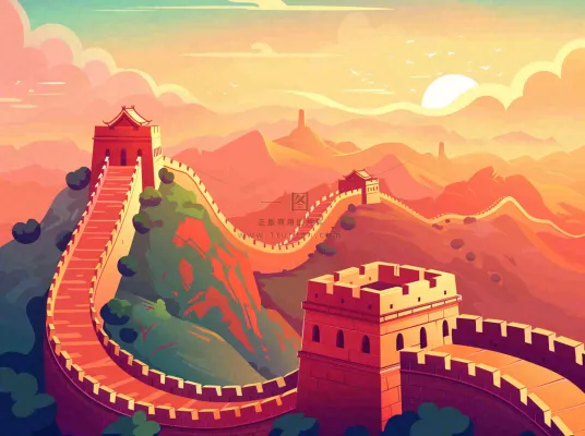 万里长城中国山河国潮插画北京旅游景点八一建军节红色文化卡通插画背景