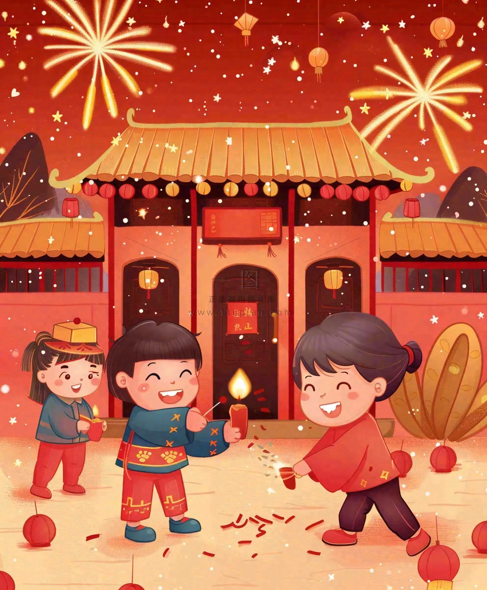 新年热闹儿童在家门口放烟花春节喜庆庆祝春节小年除夕夜元宵节卡通插画背景