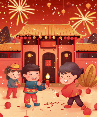 新年热闹儿童在家门口放烟花春节喜庆庆祝春节小年除夕夜元宵节卡通插画背景 新年热闹儿童在家门口放烟花春节喜庆庆祝春节小年除夕夜元宵节卡通插画背景