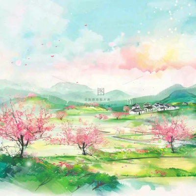 春天春分春暖花开江南山林桃花国画徽式建筑古风水墨插画背景 春天春分春暖花开江南山林桃花国画徽式建筑古风水墨插画背景