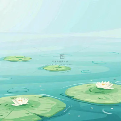 中国风夏日荷塘池白色荷花盛开手绘插画，立夏夏至大暑小暑