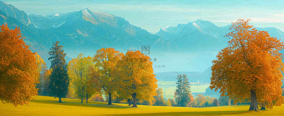 秋天山脉秋叶树木，秋分摄影图