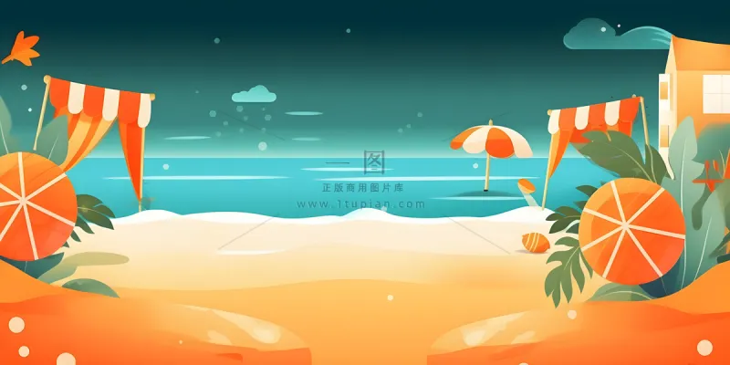 沙滩遮阳伞海洋金橘色背景