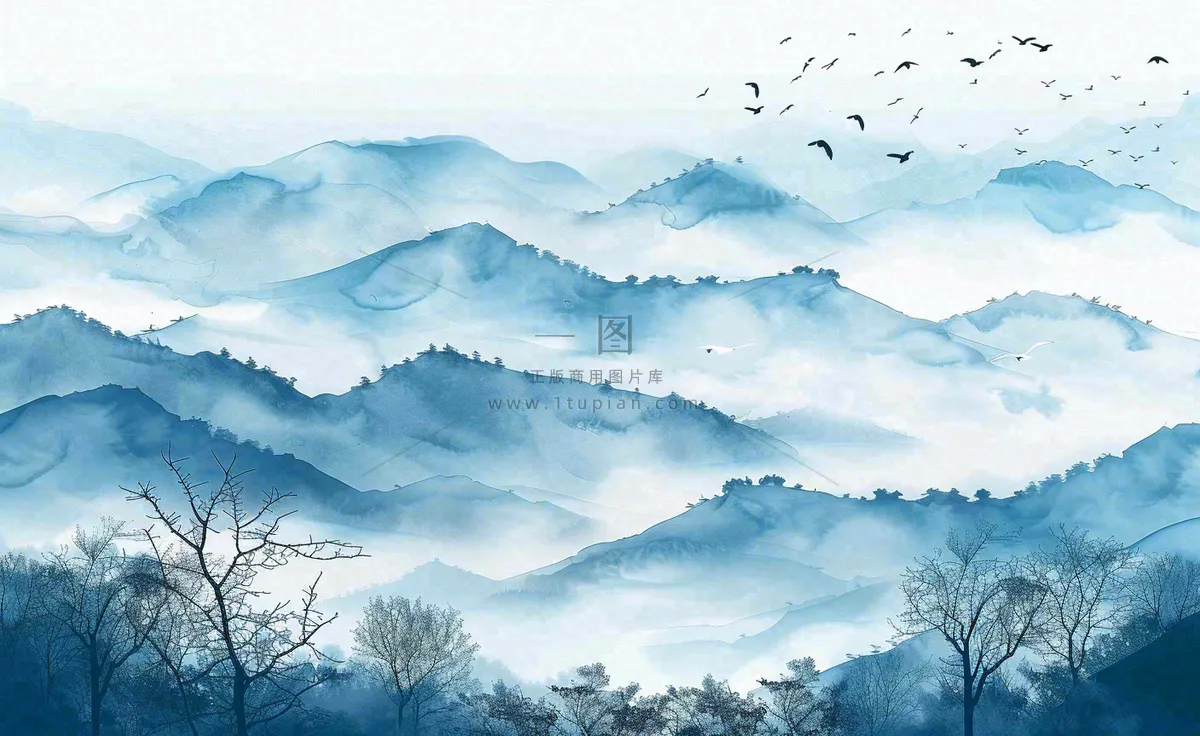 中国风水墨山水画青山山峦叠嶂云雾清明端午寒露古风插画背景