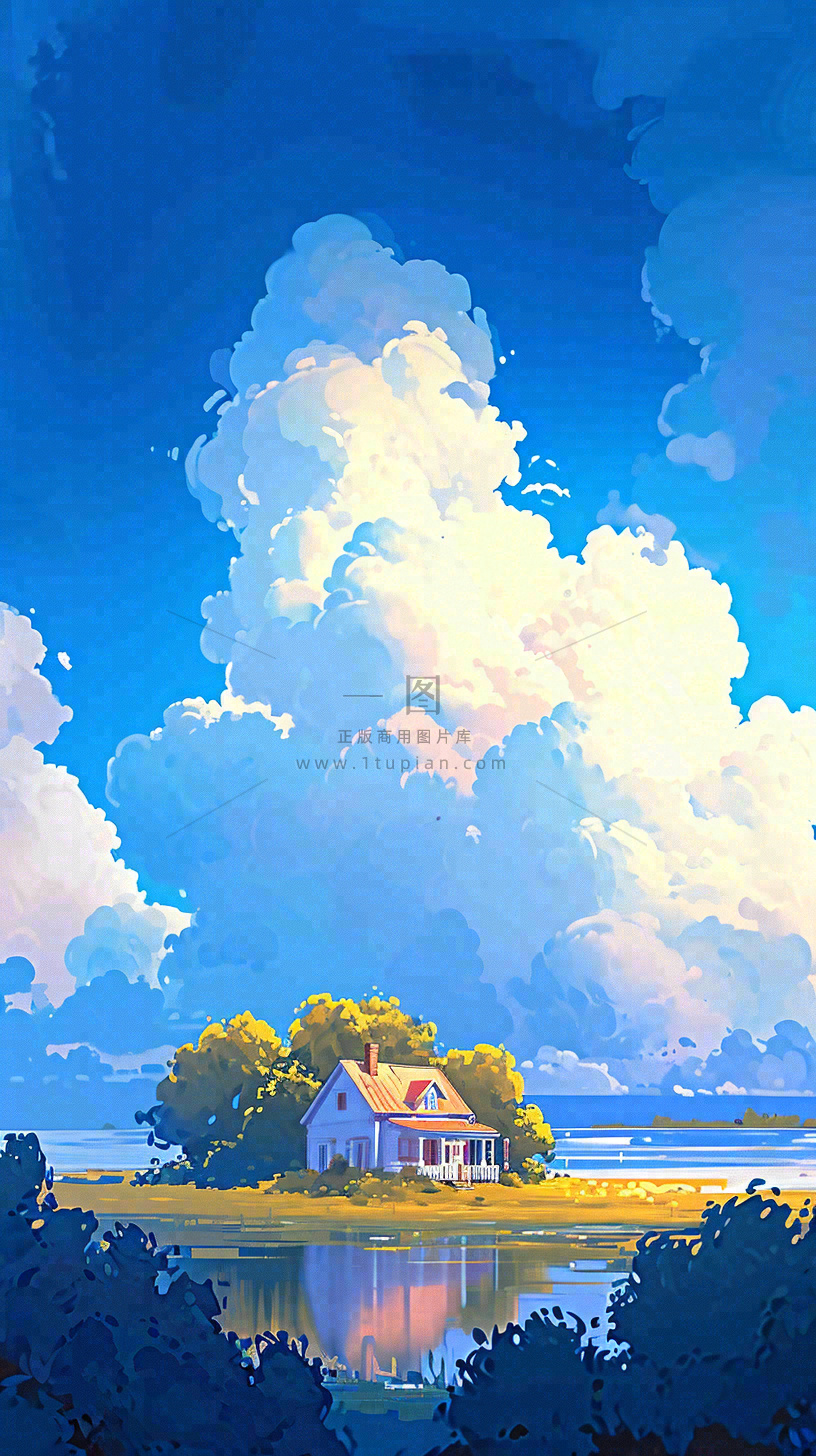 春天乡村河流倒影草地蓝天白云小屋手绘插画