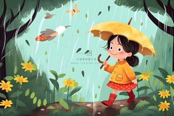 春天下雨天小女孩拿着雨伞在森林里漫步绿色黄色手绘插画海报素材背景