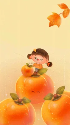 秋冬柿子成熟水果创意卡通插画霜降背景 秋冬柿子成熟水果创意卡通插画霜降背景
