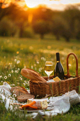 下午茶草坪野餐红酒夕阳浪漫春分唯美摄影图