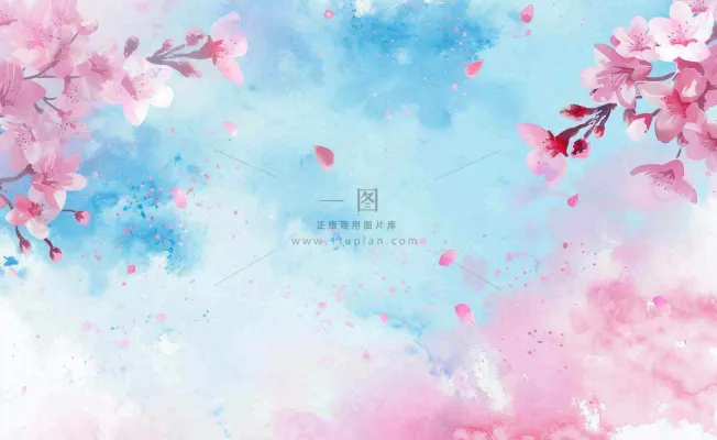 春季出游浪漫水彩樱花蓝粉色樱花林立春春分插画背景