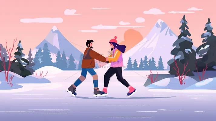 冬季雪山湖面溜冰滑冰的情侣夕阳余晖卡通插画背景 冬季雪山湖面溜冰滑冰的情侣夕阳余晖卡通插画背景