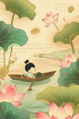 夏日荷花荷叶划船女孩古风国风插画立夏小暑大暑处暑插画背景