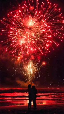 新春春节放烟花庆祝红色喜庆小年除夕夜国庆摄影图