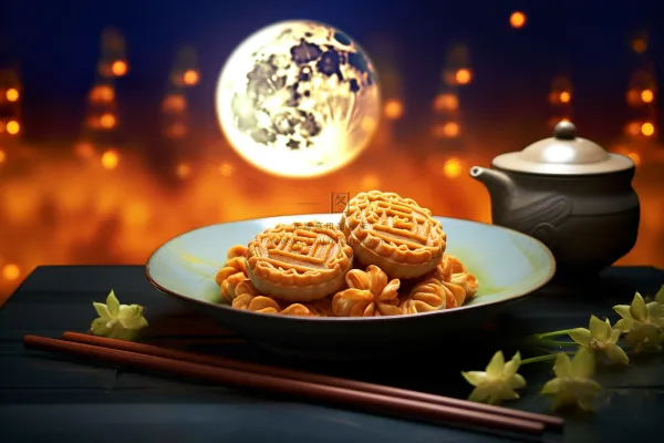 中秋月圆夜晚下餐桌上的美食月饼摄影图