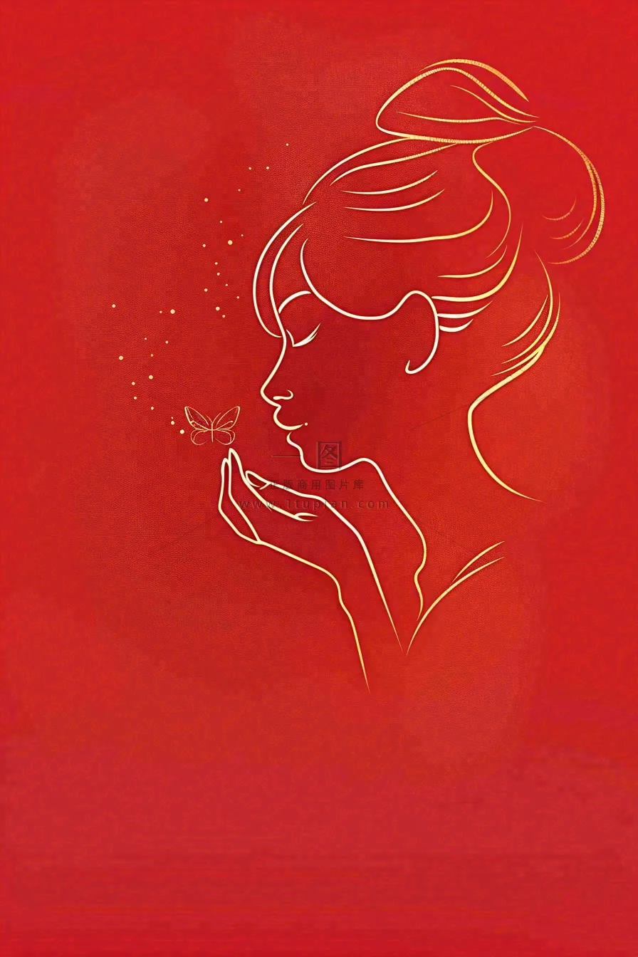 红色金线剪影女生节妇女节唯美插画背景