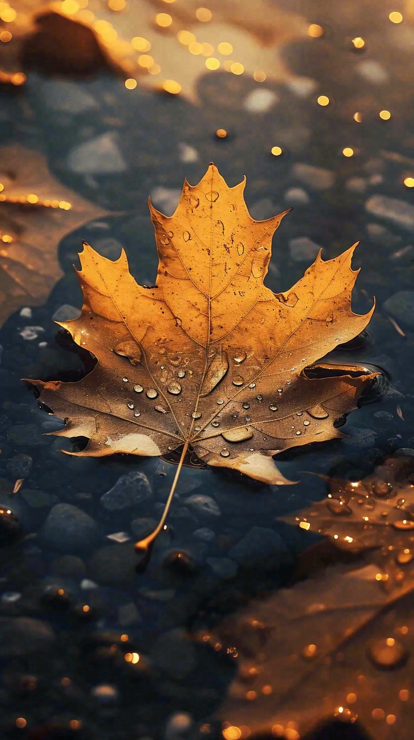 秋天黄色秋叶落叶雨天特写故事感，秋分立秋摄影图