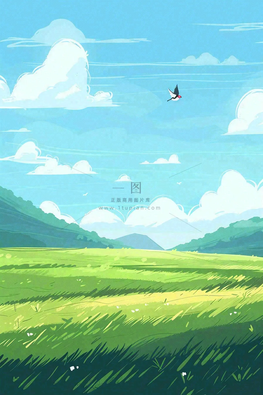 春天春暖花开草原蓝天白云燕子惊蛰春分卡通插画背景