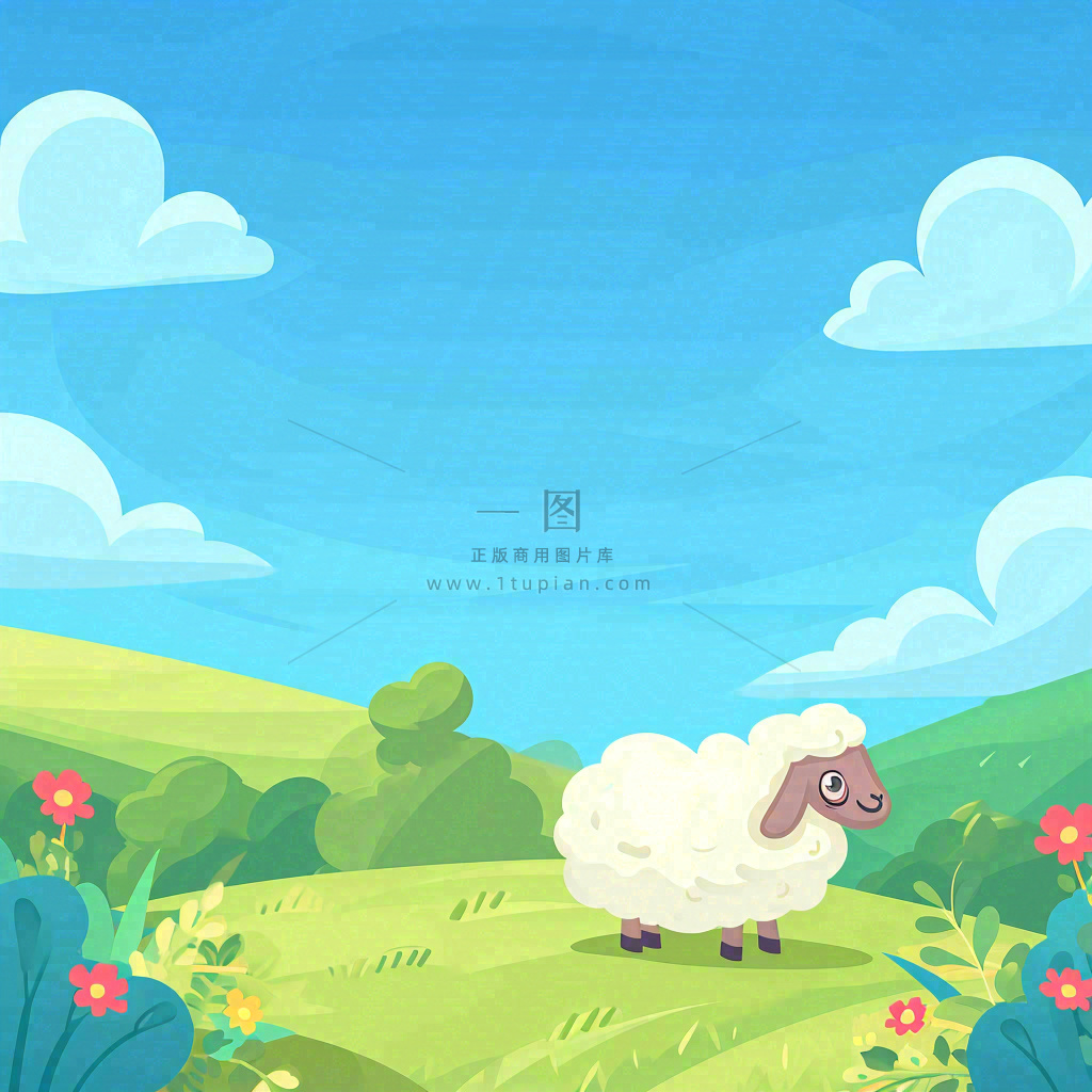 春天清新蓝天白云草地绵羊花朵扁平插画手绘