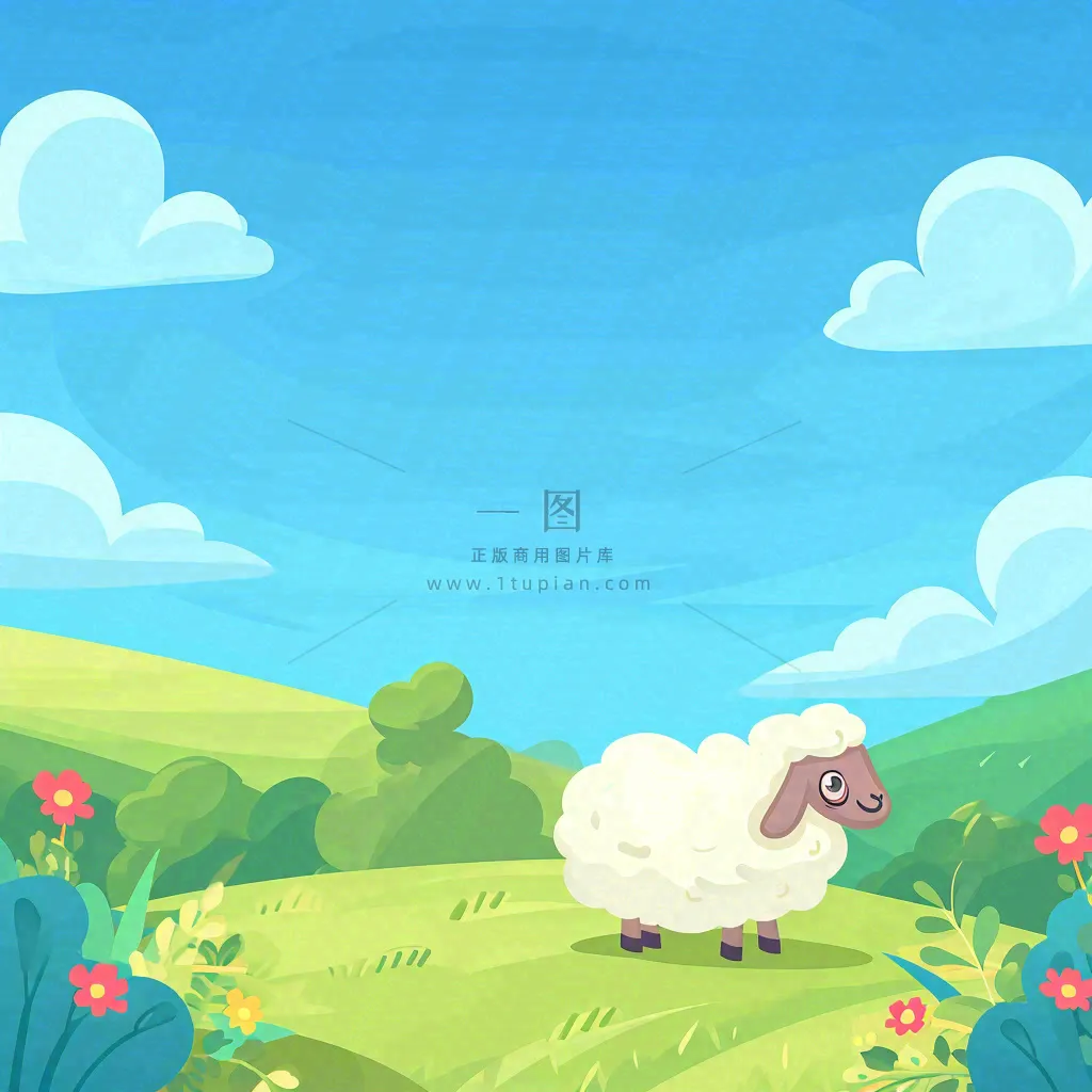 春天清新蓝天白云草地绵羊花朵扁平插画手绘