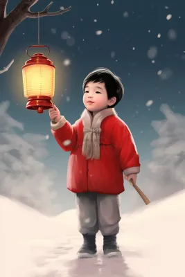冬天白雪地打着灯笼得中国小孩卡通插画背景