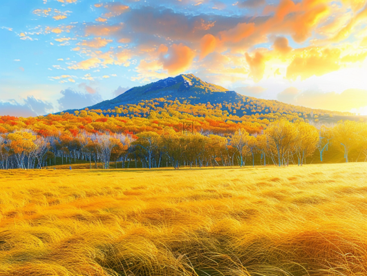 秋日朝霞云雾山林田野摄影图