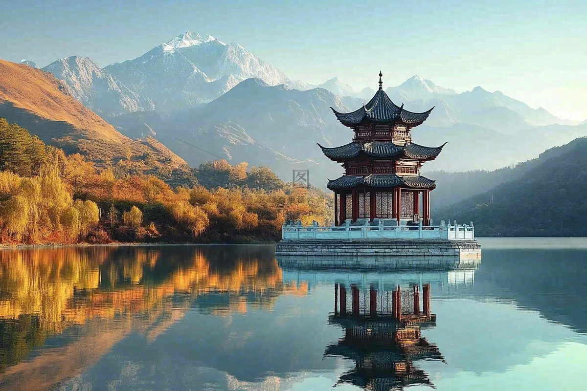 秋天湖泊高山森林凉亭塔大自然风光摄影图