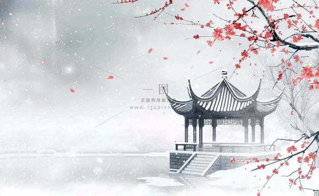 冬天雪景梅花水中凉亭雪花飘落冬至立冬古风小雪大雪手绘水墨国画插画背景 冬天雪景梅花水中凉亭雪花飘落冬至立冬古风小雪大雪手绘水墨国画插画背景