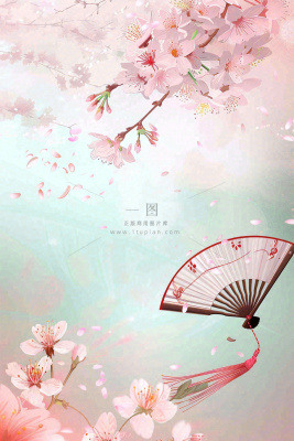绿色清新春天唯美樱花扇子水彩插画背景