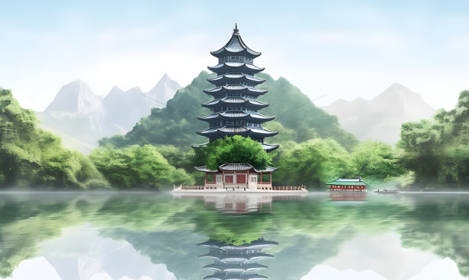 倒影水中的宝塔背后的树木山景风格摄影图