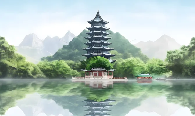 倒影水中的宝塔背后的树木山景风格摄影图