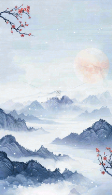中国风山水秋冬柿子树霜降插画背景 中国风山水秋冬柿子树霜降插画背景