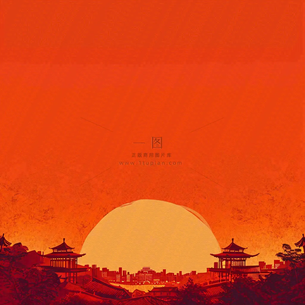 红色渐变国风建筑剪影，中国风简约