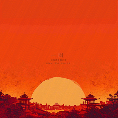 红色渐变国风建筑剪影，中国风简约