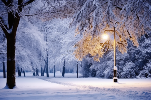 下雪天树下的路灯摄影图