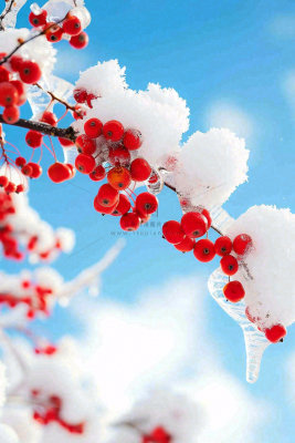 冬天蓝天背景红色果实白雪覆盖小清新立冬小寒大寒冬至摄影图 冬天蓝天背景红色果实白雪覆盖小清新立冬小寒大寒冬至摄影图