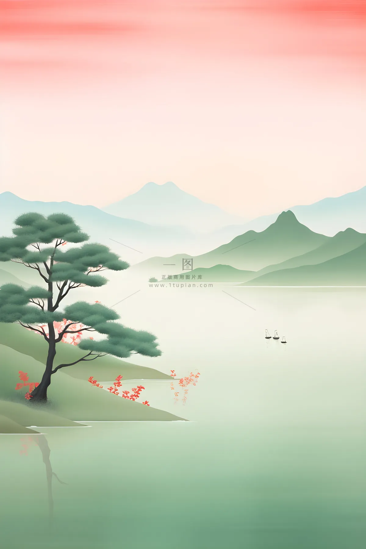 国风清新山河绿植背景