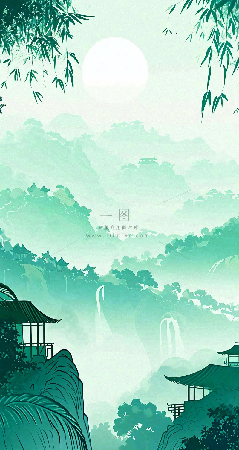 国风意境山水画落日绿色