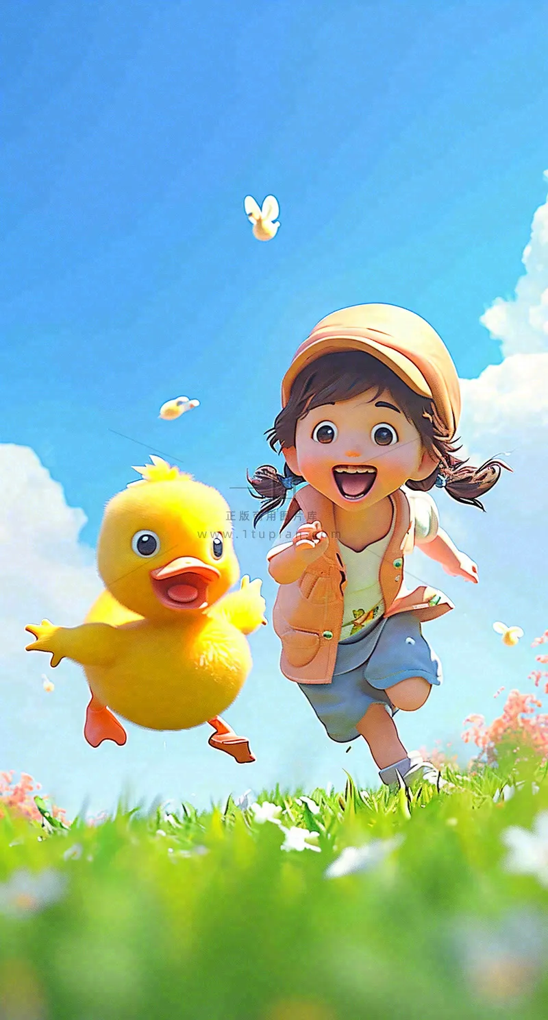 儿童节可爱鸭子奔跑,蓝天白云草地童真玩耍,清新插画