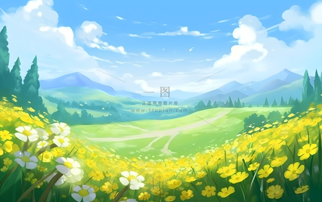 蓝天白云草坪草原人物黄色花朵手绘插画海报素材背景