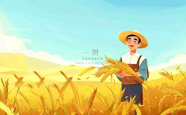 秋天农田里收谷的农民辛勤劳作芒种世界粮食日插画背景 秋天农田里收谷的农民辛勤劳作芒种世界粮食日插画背景