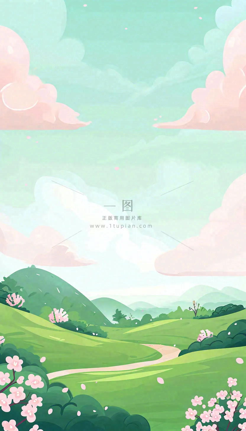 春天卡通手绘绿色的山景和开满粉红色画的树，春游，踏青，春分