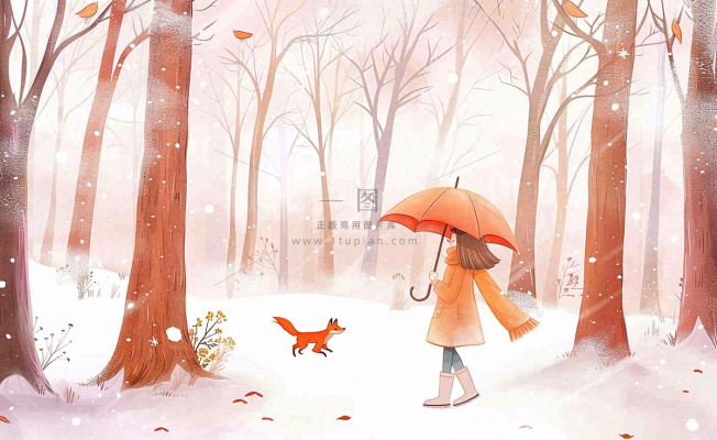 秋冬森林打伞的女孩狐狸动物相遇立冬小雪大雪冬至卡通插画背景