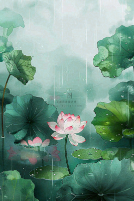 夏天雨季池塘荷花荷叶凄冷大暑处暑插画背景 夏天雨季池塘荷花荷叶凄冷大暑处暑插画背景