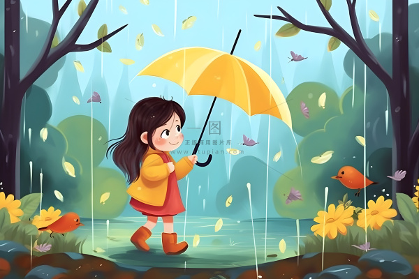 春天下雨天小女孩拿着雨伞在森林里漫步绿色黄色手绘插画海报素材背景