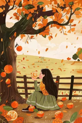 秋天橘子树下的女孩果实果树丰收立秋秋分卡通插画背景 秋天橘子树下的女孩果实果树丰收立秋秋分卡通插画背景