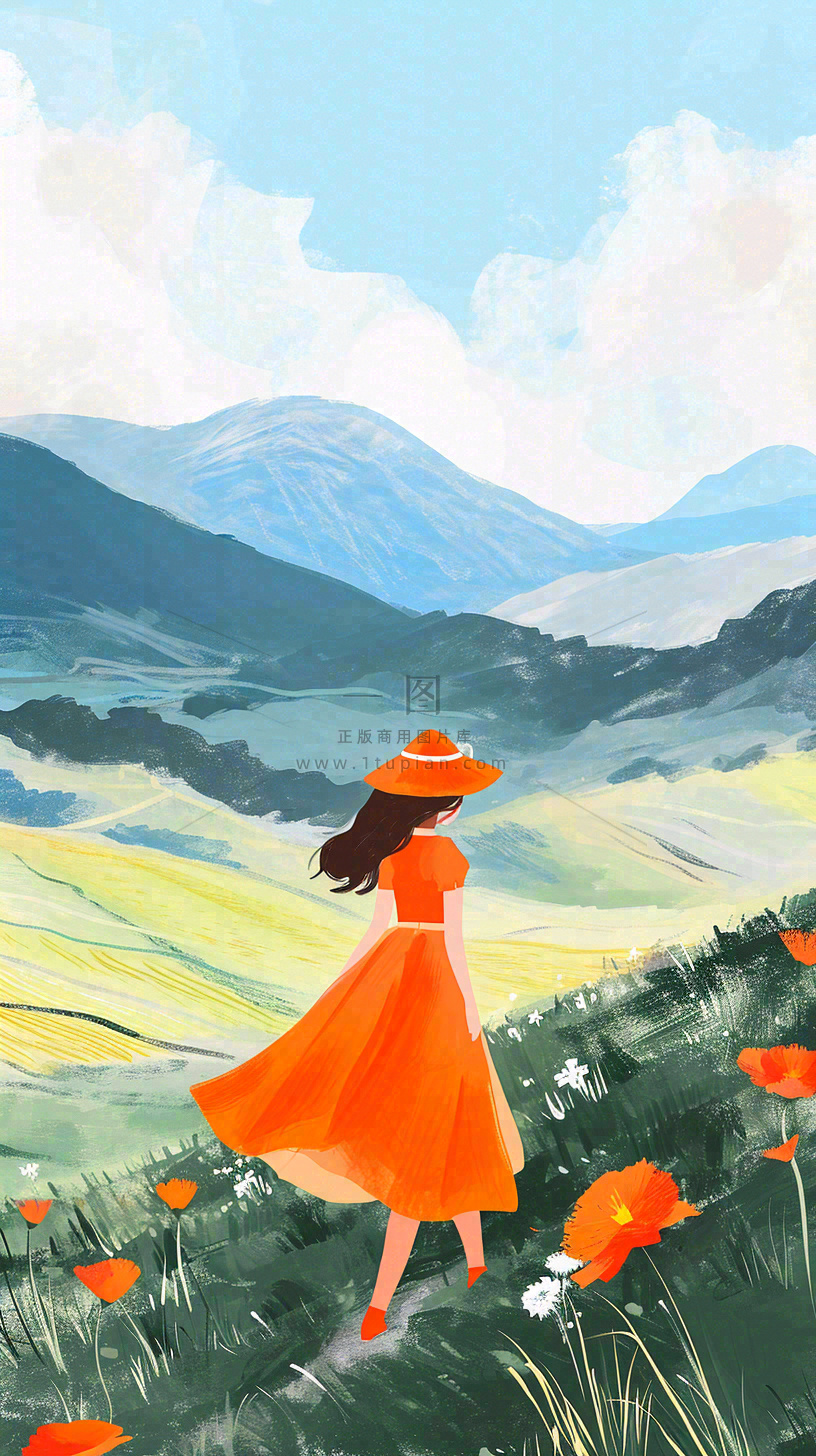 春天山脉草坪花海上穿裙子的女孩油画手绘插画，清新浪漫，踏青春游